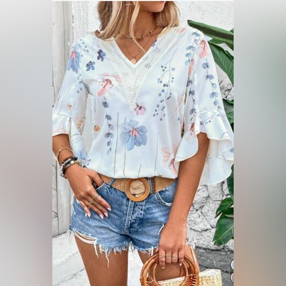 Floral V Neck Bell Sleeve - Picture 1 of 4